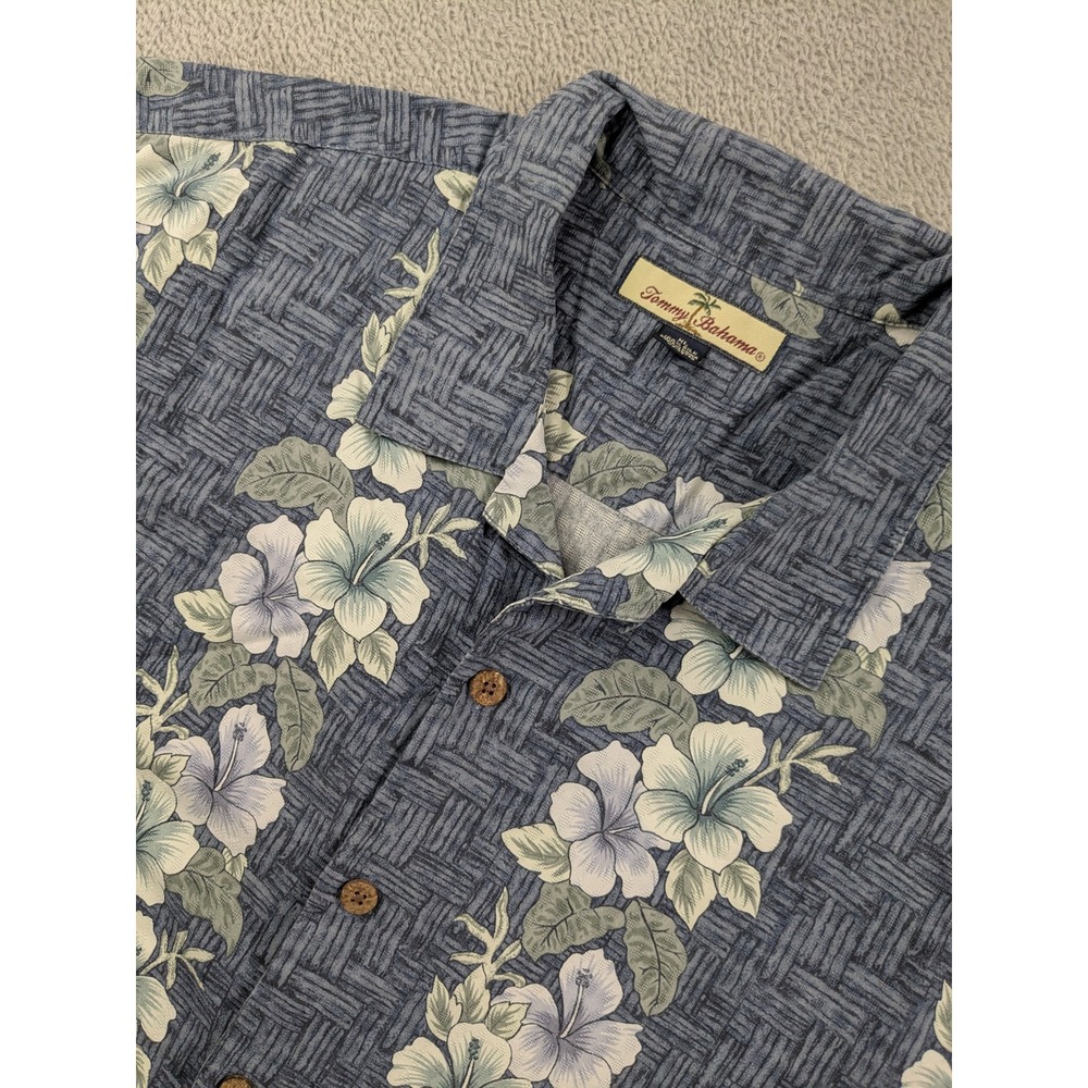 Tommy Bahama Mens XL Silk Camp Shirt Blue Floral Hibiscus Basketweave Hawaiian